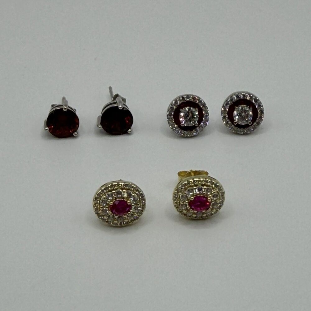 925 Sterling Silver Red & White CZ Stud Earrings Lot – 3 Pairs Halo & Round